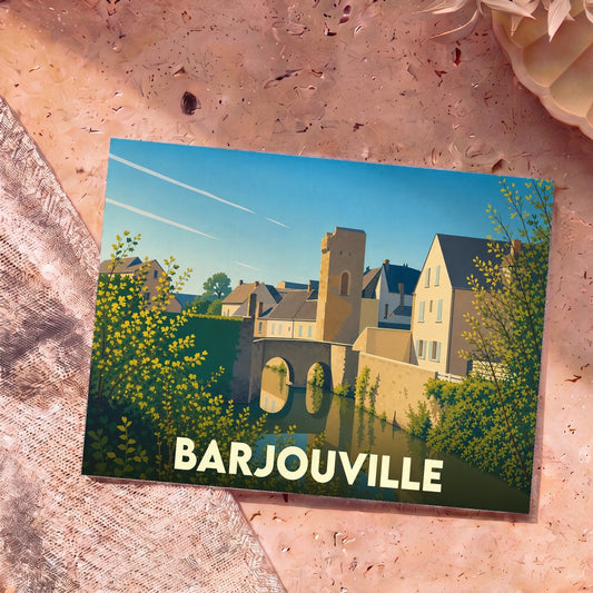 Carte postale souvenir de la ville de Barjouville avec une illustration stylisée d'un pont et de maisons anciennes au bord de l'eau.