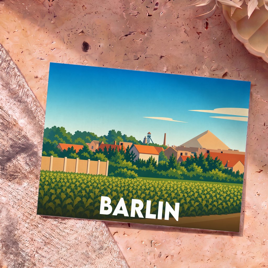 Carte postale souvenir de la ville de Barlin avec une illustration stylisée d'un paysage urbain et minier.
