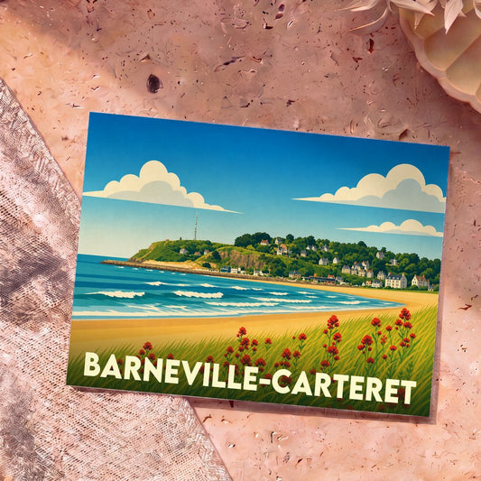 Carte postale souvenir de la ville de Barneville-Carteret avec une illustration stylisée de sa côte et de sa plage.
