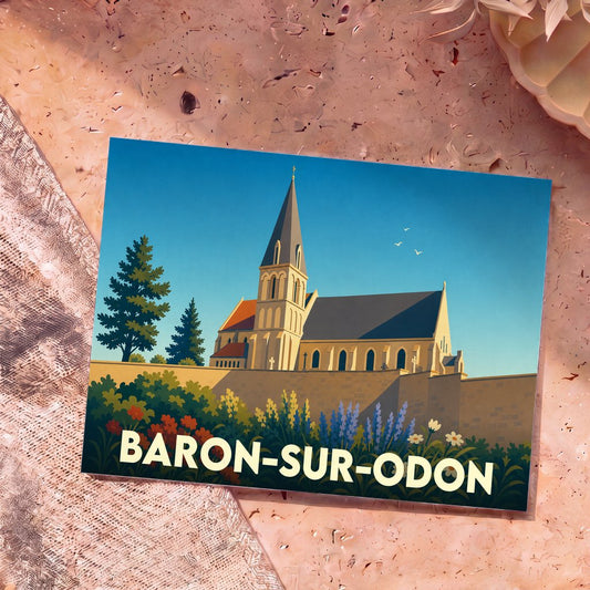 Carte postale souvenir de la ville de Baron-sur-Odon avec une illustration stylisée de son église.