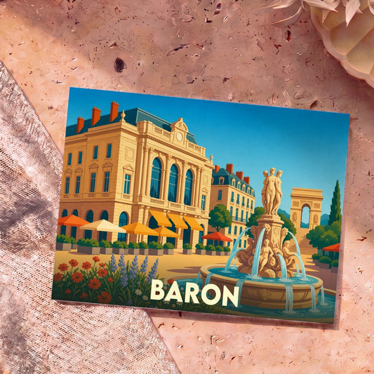 Carte postale souvenir de la ville de Baron avec une illustration stylisée d'une place animée et d'une fontaine.