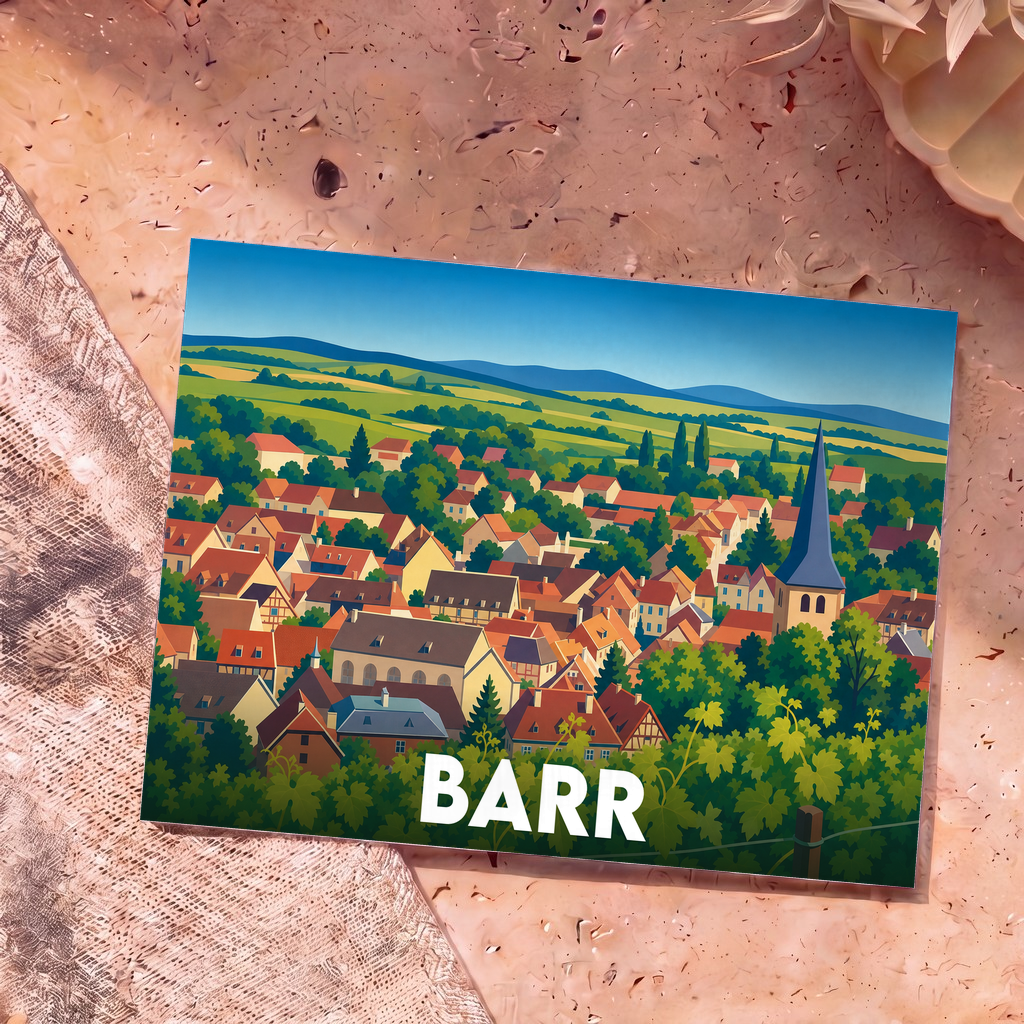 Carte postale souvenir de la ville de Barr avec une illustration stylisée de ses toits et de son église.