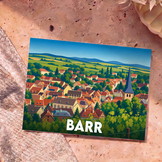 Carte postale souvenir de la ville de Barr avec une illustration stylisée de ses toits et de son église.