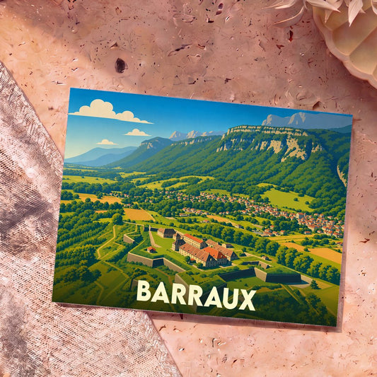 Carte postale souvenir de la ville de Barraux avec une illustration stylisée de son fort et des montagnes environnantes.