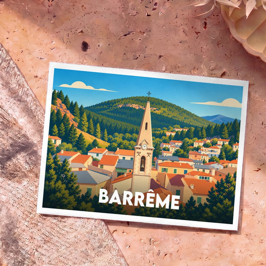 Carte postale souvenir de la ville de Barrême avec une illustration stylisée.