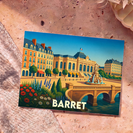 Carte postale souvenir de la ville de Barret avec une illustration colorée et stylisée de son architecture.