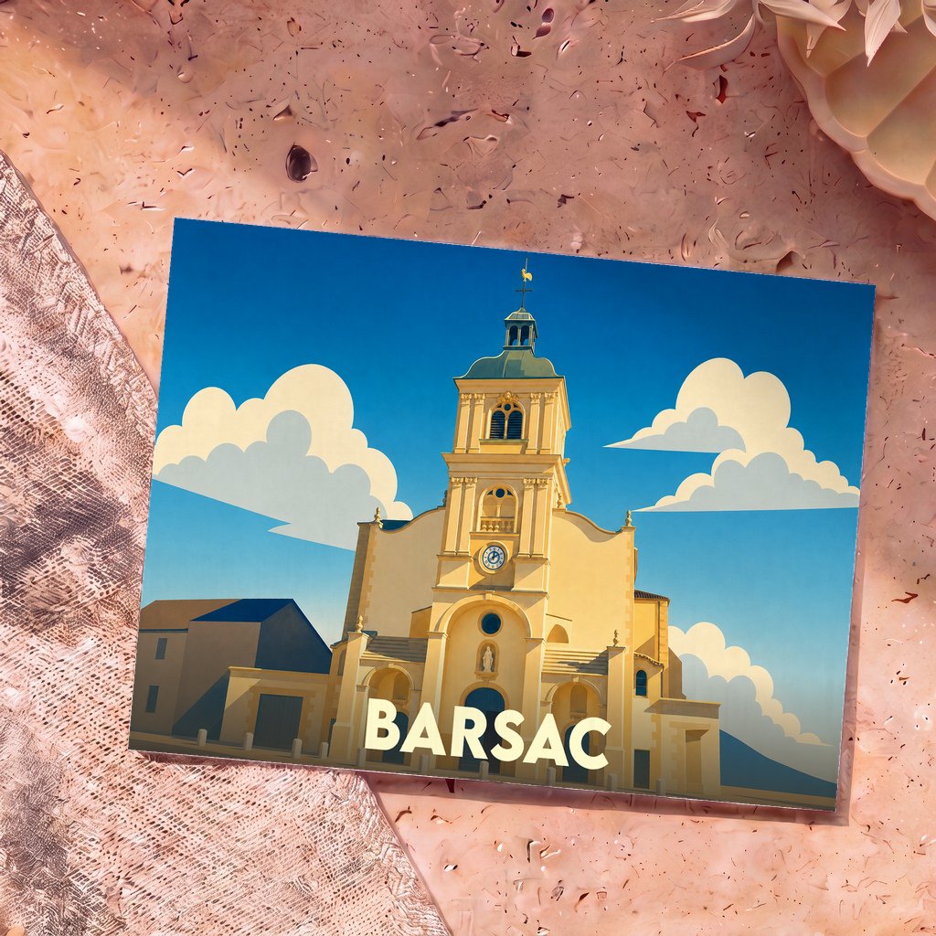 Carte postale souvenir de la ville de Barsac avec une illustration stylisée de son église sous un ciel bleu.