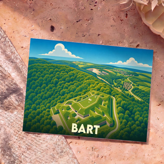 Carte postale souvenir de la ville de Bart illustrant un fort historique au milieu d'un paysage verdoyant.