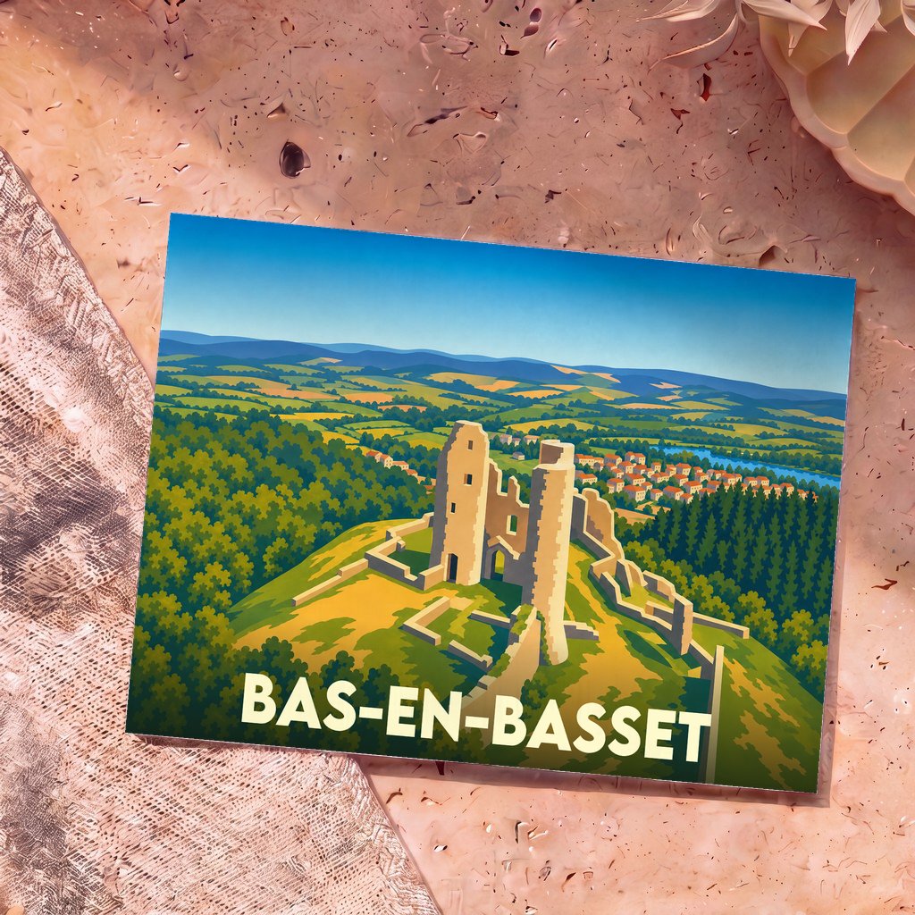 Carte postale souvenir de la ville de Bas-en-Basset représentant une illustration stylisée des ruines du château de Rochebaron surplombant la vallée.