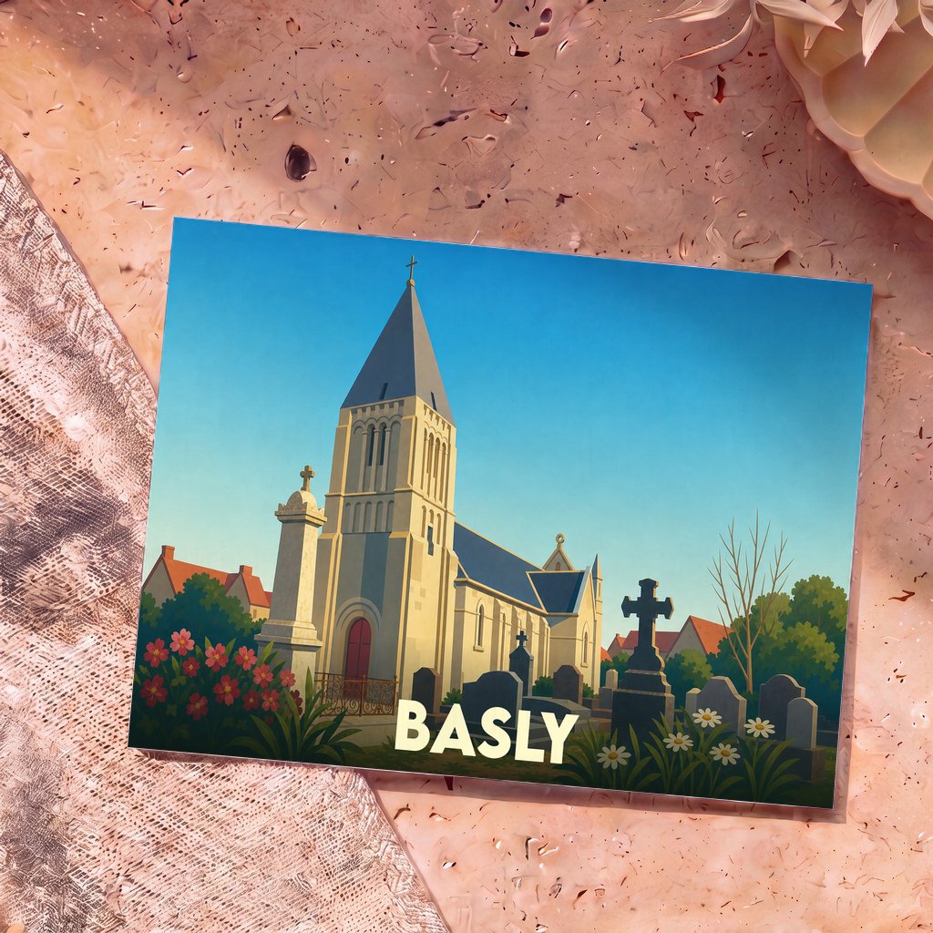 Carte postale souvenir de la ville de Basly illustrant son église et son cimetière dans un style graphique épuré.
