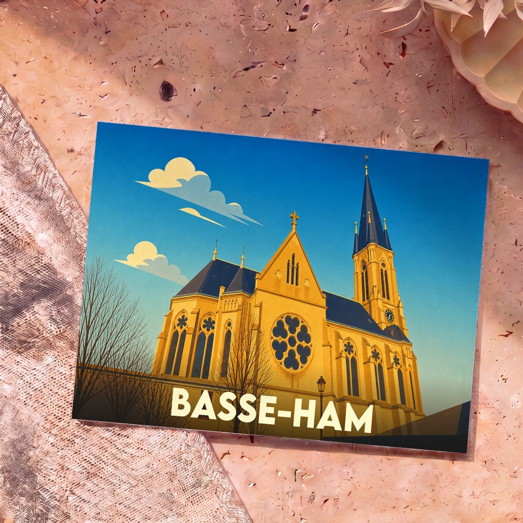 Carte postale souvenir de la ville de Basse-Ham illustrant son église dans un style graphique épuré.