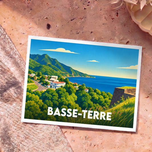 Carte postale souvenir de la ville de Basse-Terre avec une illustration stylisée et colorée.