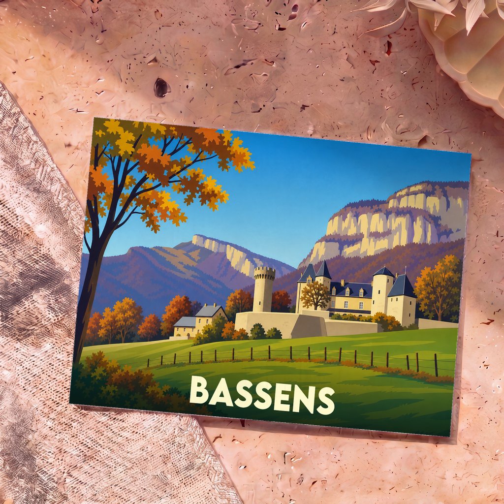 Carte postale souvenir de la ville de Bassens avec une illustration stylisée d'un château au pied des montagnes.