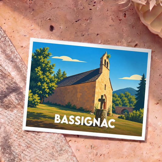 Carte postale souvenir de la ville de Bassignac illustrant une église de pierre et un pont dans un style graphique épuré.