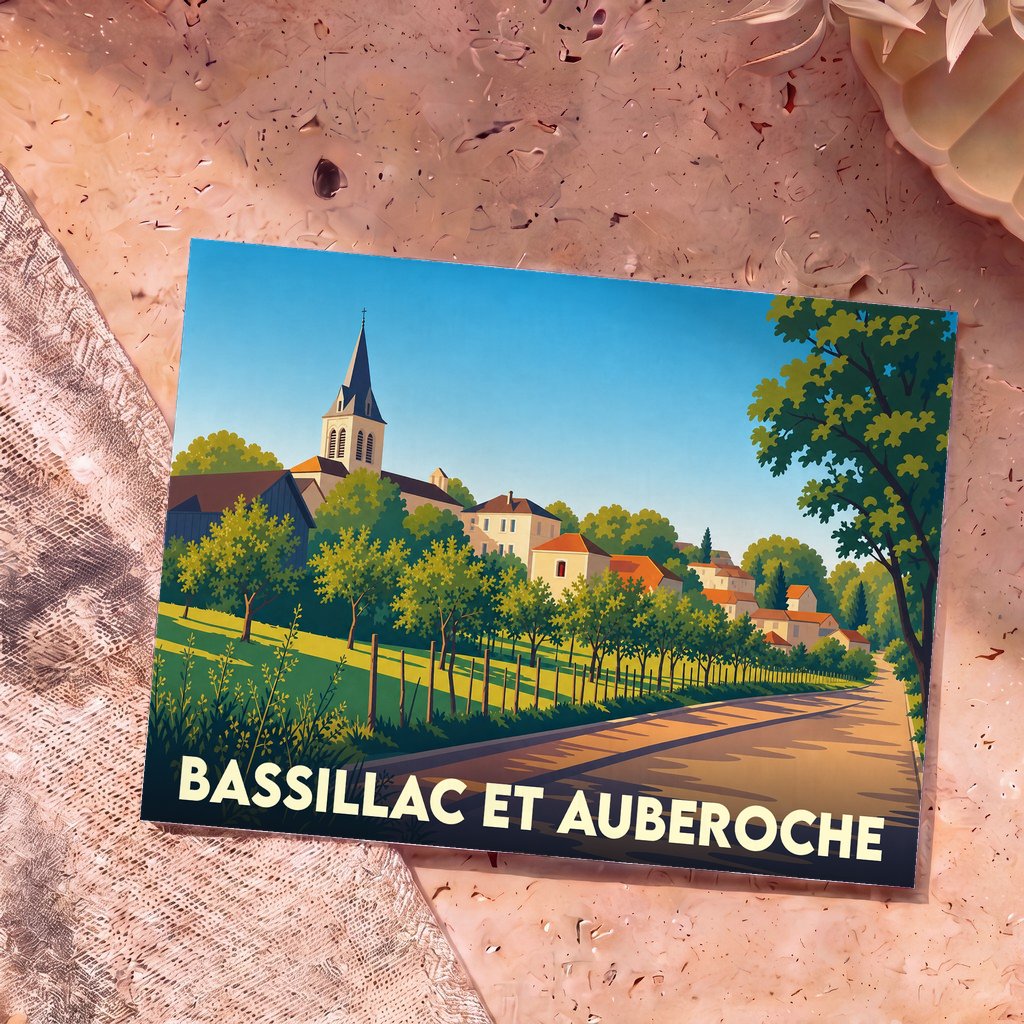 Carte postale souvenir de la ville de Bassillac et Auberoche avec une illustration stylisée d'un paysage de campagne.
