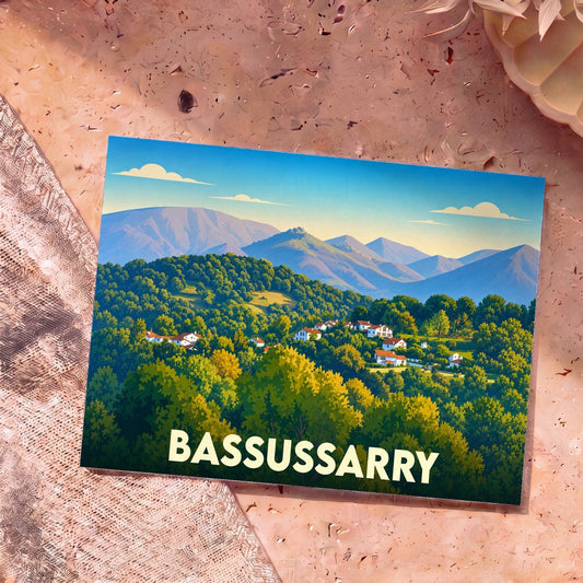 Carte postale souvenir de la ville de Bassussarry avec une illustration stylisée de son paysage vallonné.