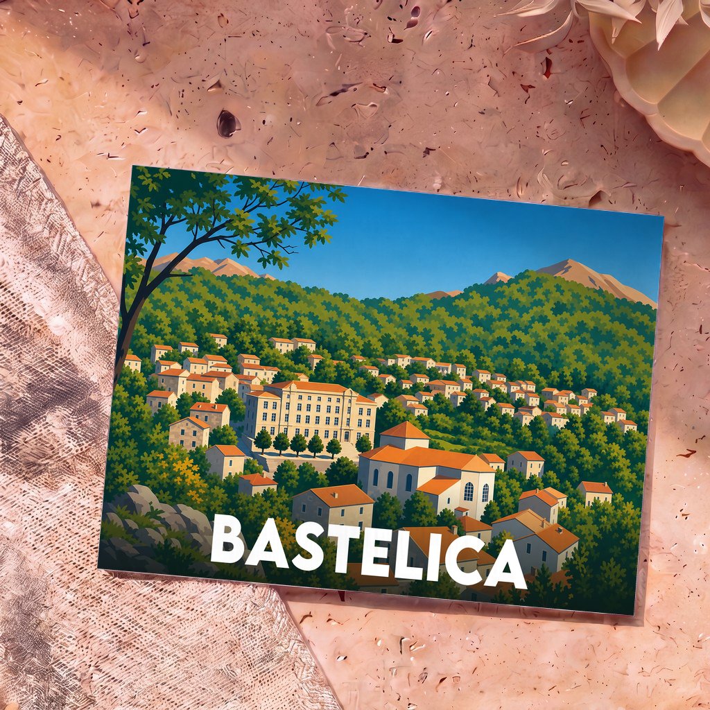 Carte postale souvenir de la ville de Bastelica avec une illustration stylisée de ses maisons nichées au cœur des montagnes corses.