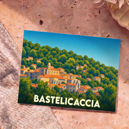 Carte postale souvenir de la ville de Bastelicaccia avec une illustration stylisée d'un village corse niché dans la verdure.