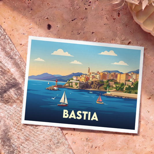 Carte postale souvenir de la ville de Bastia avec une illustration stylisée de son port et de sa citadelle.