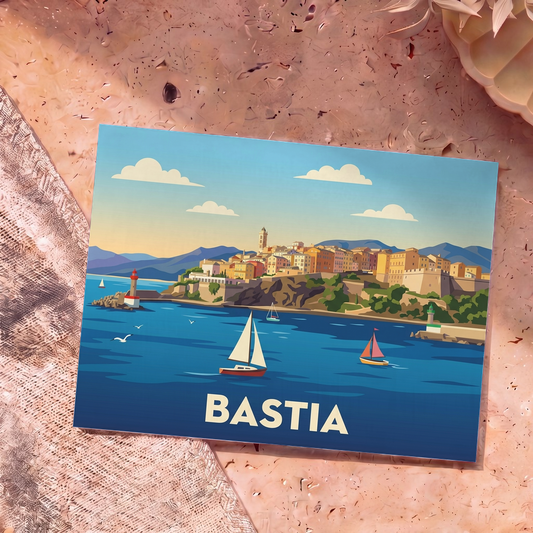 Carte postale souvenir de la ville de Bastia avec une illustration stylisée de son port et de sa citadelle.