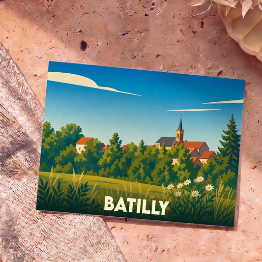 Carte postale souvenir de la ville de Batilly avec une illustration stylisée d'un village champêtre.