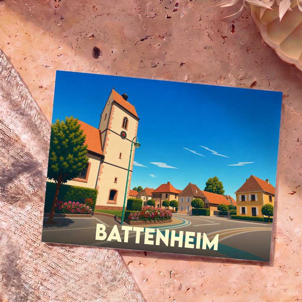 Carte postale souvenir de la ville de Battenheim avec une illustration stylisée montrant son église et ses maisons traditionnelles.