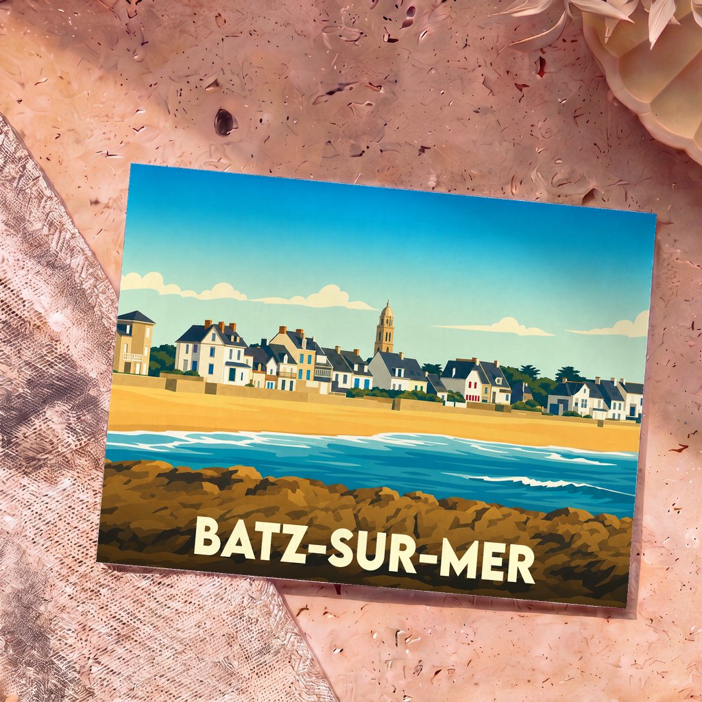 Carte postale souvenir de la ville de Batz-sur-Mer avec une illustration stylisée du bord de mer.