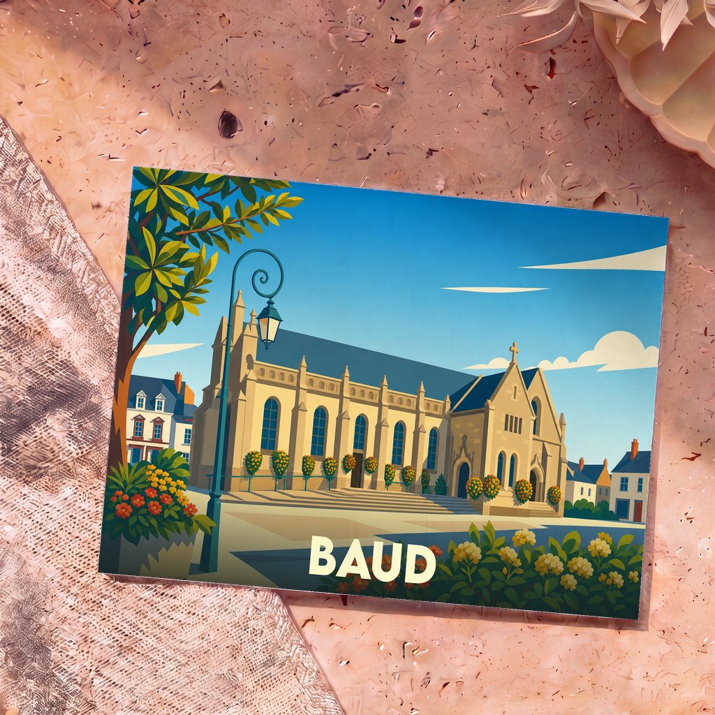 Carte postale souvenir de la ville de Baud avec une illustration stylisée de son église sous un ciel bleu.