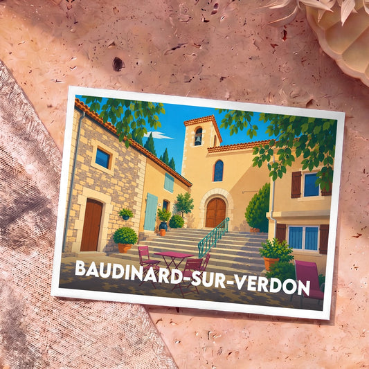 Carte postale souvenir de Baudinard-sur-Verdon illustrant une place de village ensoleillée avec son église.