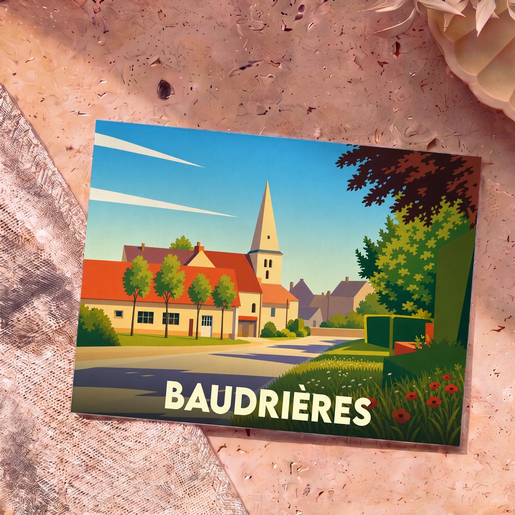 Carte postale souvenir de la ville de Baudrières illustrant son église et ses maisons dans un style graphique épuré.