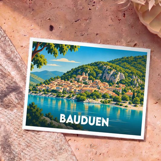 Carte postale souvenir de la ville de Bauduen avec une illustration stylisée d'un village provençal au bord de l'eau.