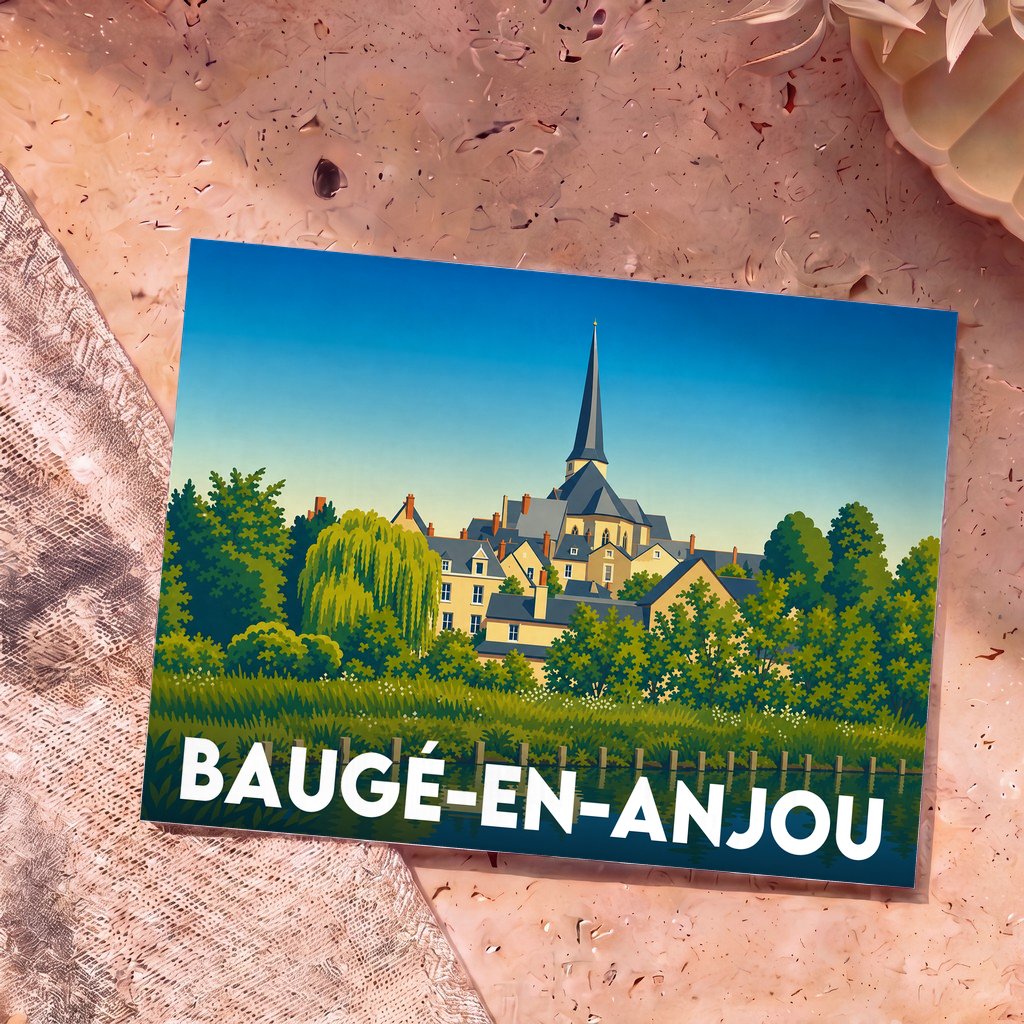 Carte postale souvenir de la ville de Baugé-en-Anjou avec une illustration stylisée de son église et de ses paysages.