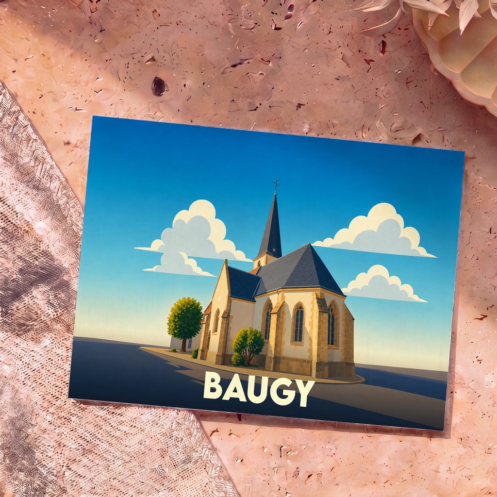 Carte postale souvenir de la ville de Baugy avec une illustration stylisée de son église sous un ciel bleu.