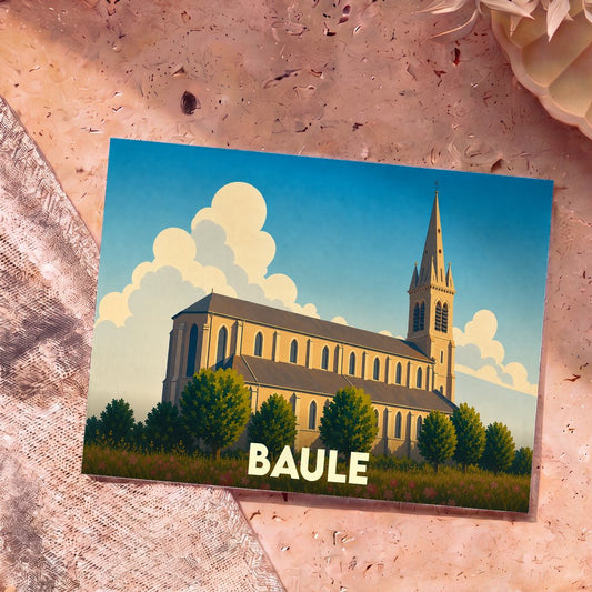 Carte postale souvenir de la ville de Baule avec une illustration stylisée d'une église sous un ciel nuageux.