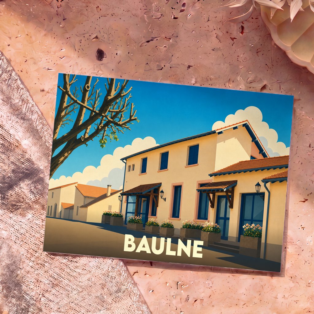 Carte postale souvenir de la ville de Baulne avec une illustration stylisée d'une rue ensoleillée.