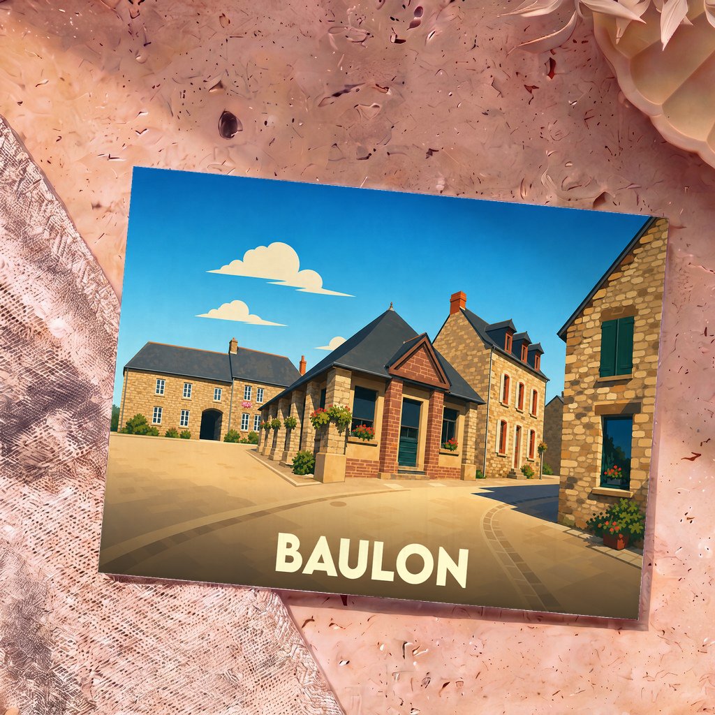 Carte postale souvenir de la ville de Baulon avec une illustration stylisée de ses bâtiments en pierre.
