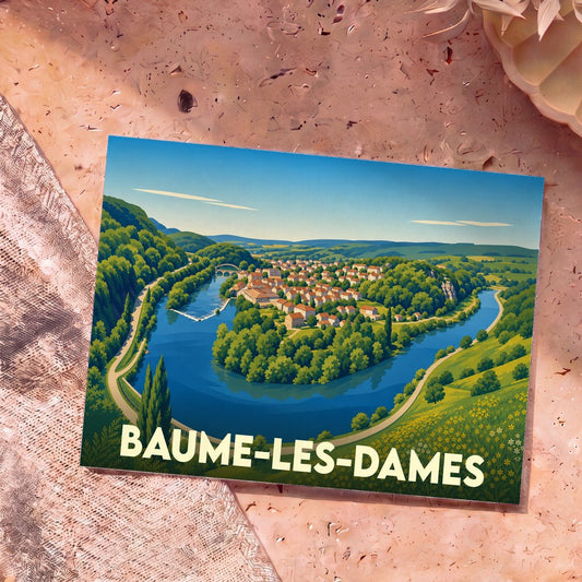 Carte postale souvenir de la ville de Baume-les-Dames avec une illustration stylisée.