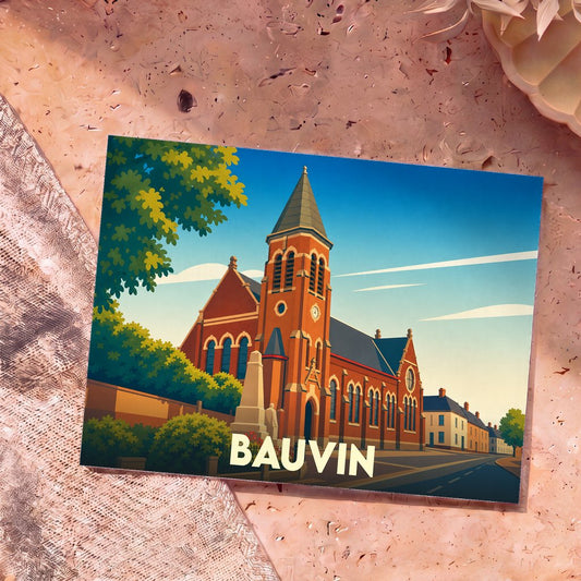 Carte postale souvenir de la ville de Bauvin avec une illustration stylisée de son église en briques rouges.
