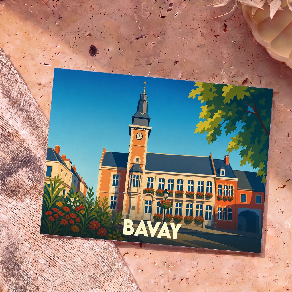 Carte postale souvenir de la ville de Bavay avec une illustration stylisée de son hôtel de ville fleuri.