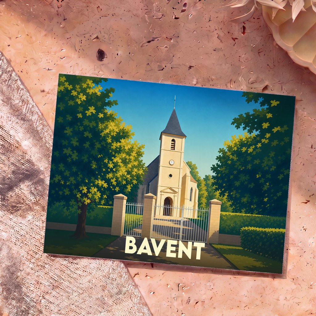 Carte postale souvenir de la ville de Bavent illustrant son église entourée de verdure dans un style graphique épuré.
