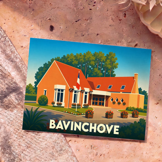 Carte postale souvenir de la ville de Bavinchove avec une illustration stylisée de sa mairie.