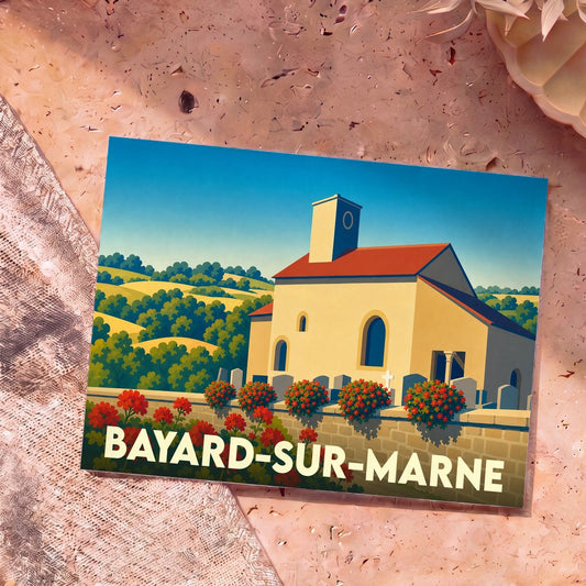 Carte postale souvenir de la ville de Bayard-sur-Marne avec une illustration stylisée de son église et de son paysage.