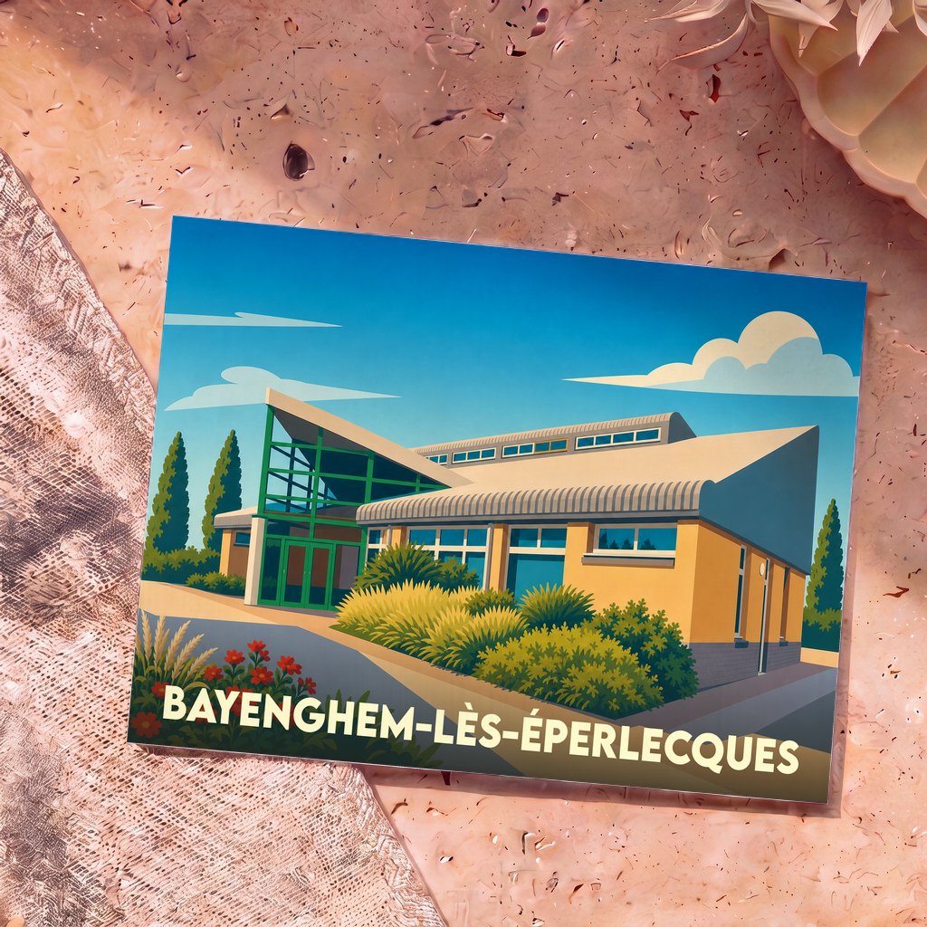 Carte postale souvenir de Bayenghem-lès-Éperlecques avec une illustration stylisée de sa salle polyvalente.