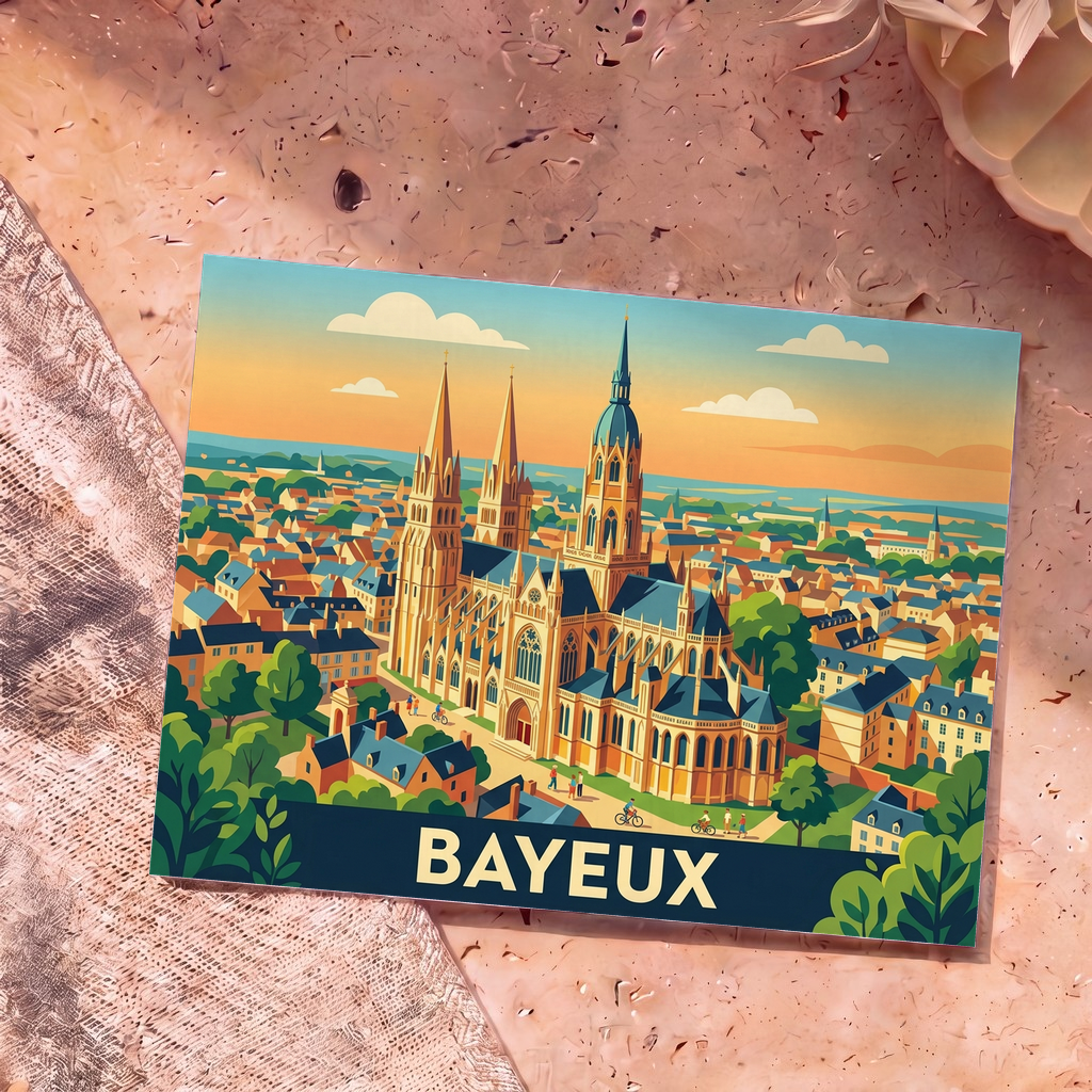 Carte postale souvenir de la ville de Bayeux ornée d'une illustration stylisée de sa cathédrale au coucher du soleil.