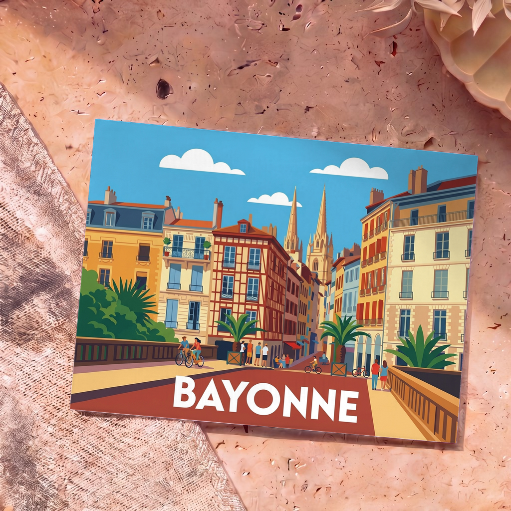 Carte postale souvenir de la ville de Bayonne avec une illustration stylisée et colorée.