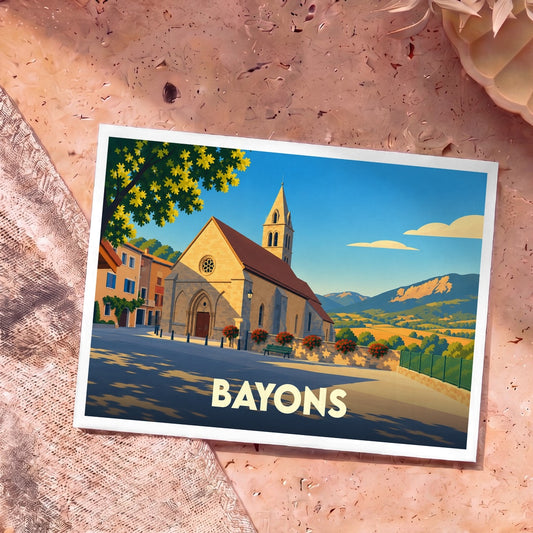 Carte postale souvenir de la ville de Bayons avec une illustration stylisée d'une église provençale.