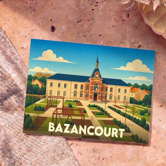 Carte postale souvenir de la ville de Bazancourt illustrant son hôtel de ville dans un style graphique épuré.