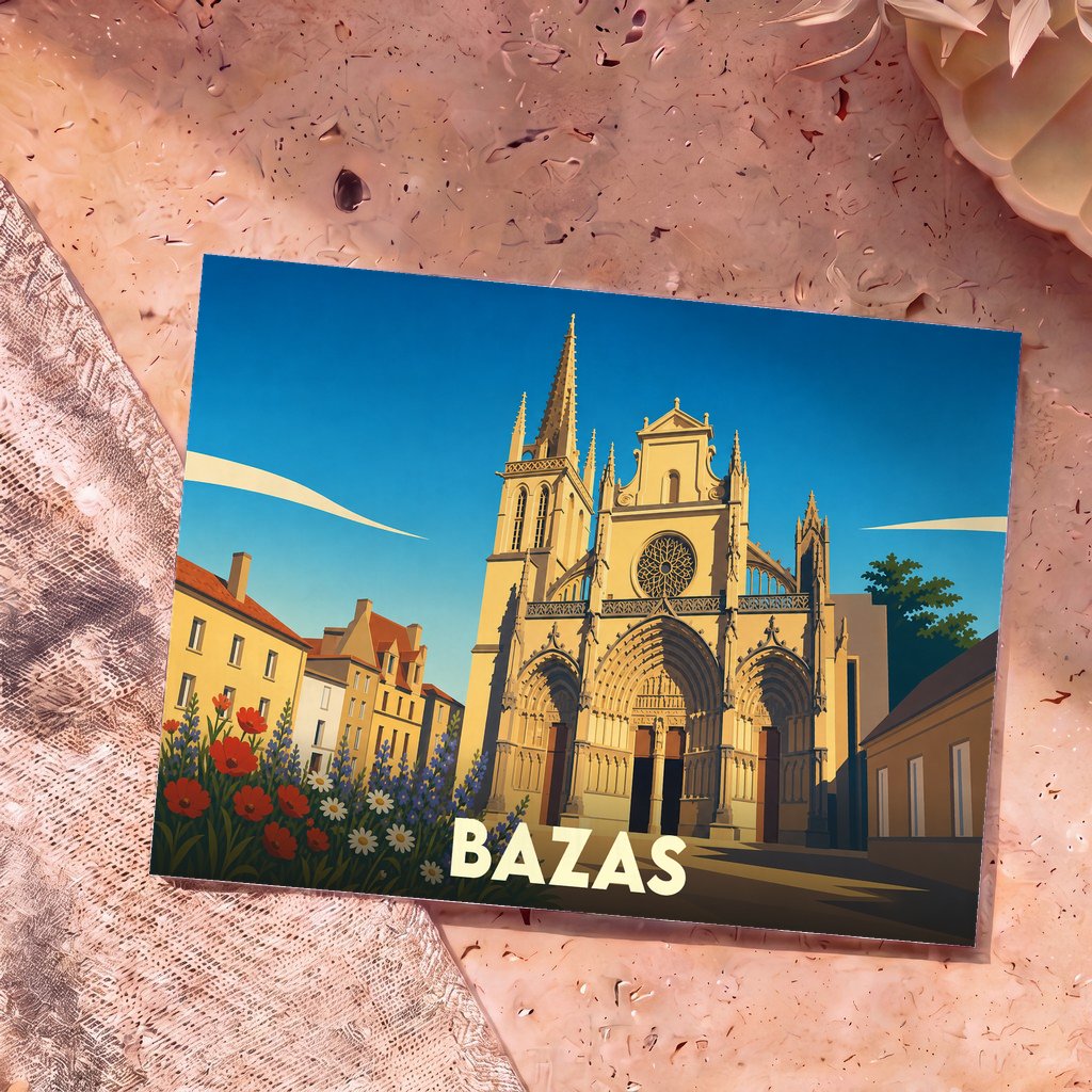 Carte postale souvenir de la ville de Bazas illustrant sa cathédrale dans un style graphique épuré.