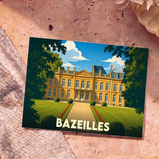 Carte postale souvenir de la ville de Bazeilles avec une illustration stylisée d'un château.
