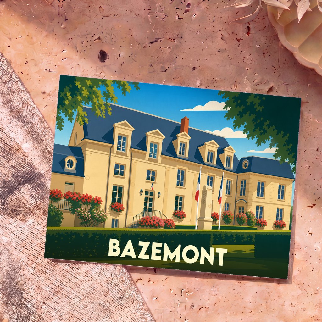 Carte postale souvenir de la ville de Bazemont avec une illustration stylisée d'une grande demeure et de drapeaux français.